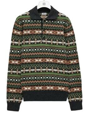 Loewe Green, Brown & Black Patterned Zip Polo Sweater